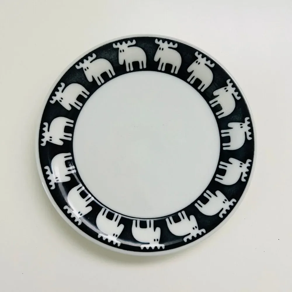 MOZ Sweden Black White Ceramic Moose Rim Appetizer Plates, Set of 2